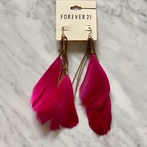 NEW! Fuchsia Pink Gold Tassel Feather Earrings